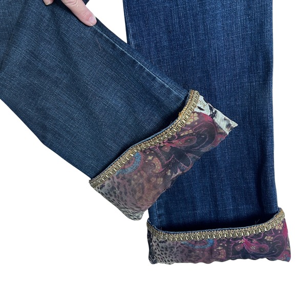 Boho Chic Embellished Denim Jeans Blue Floral Rhinestone Tassel Cuff Women's - Picture 5 of 16